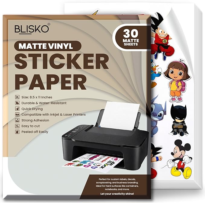 BLISKO Printable Matte Vinyl Sticker Paper 30 Sheets