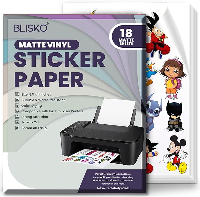 BLISKO Printable Matte Vinyl Sticker Paper 18 Sheets