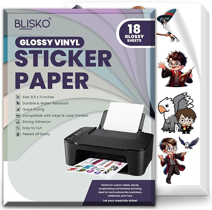 BLISKO Printable Glossy Vinyl Sticker Paper 18 Sheets