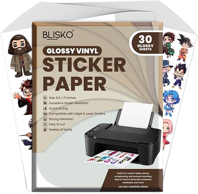 BLISKO Printable Glossy Vinyl Sticker Paper 30 Sheets